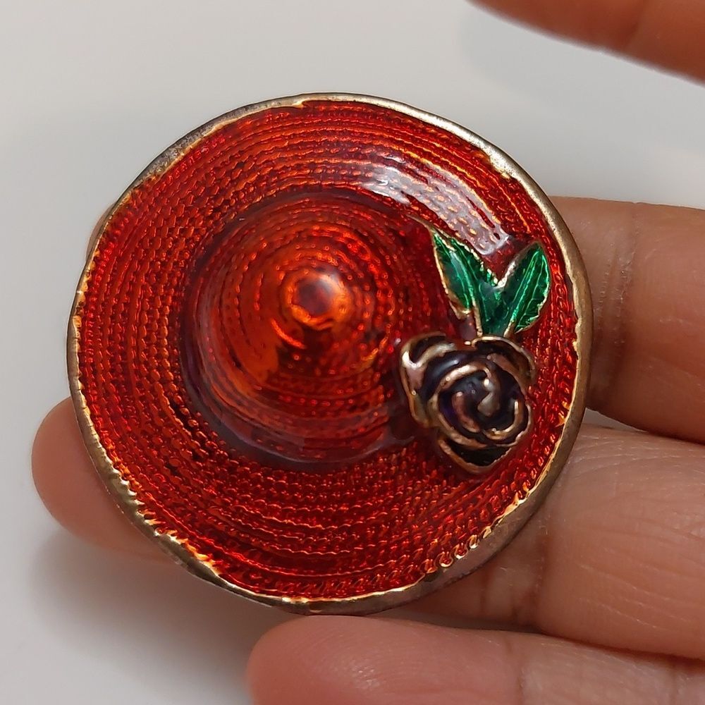 Ladies Hat Brooch Gold Tone Red Rose Enameled Pin